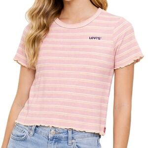 Levis Juniors Pink Striped Ribbed Lettuce Edge Crewneck Tee Shirt XL 13-15 YRS